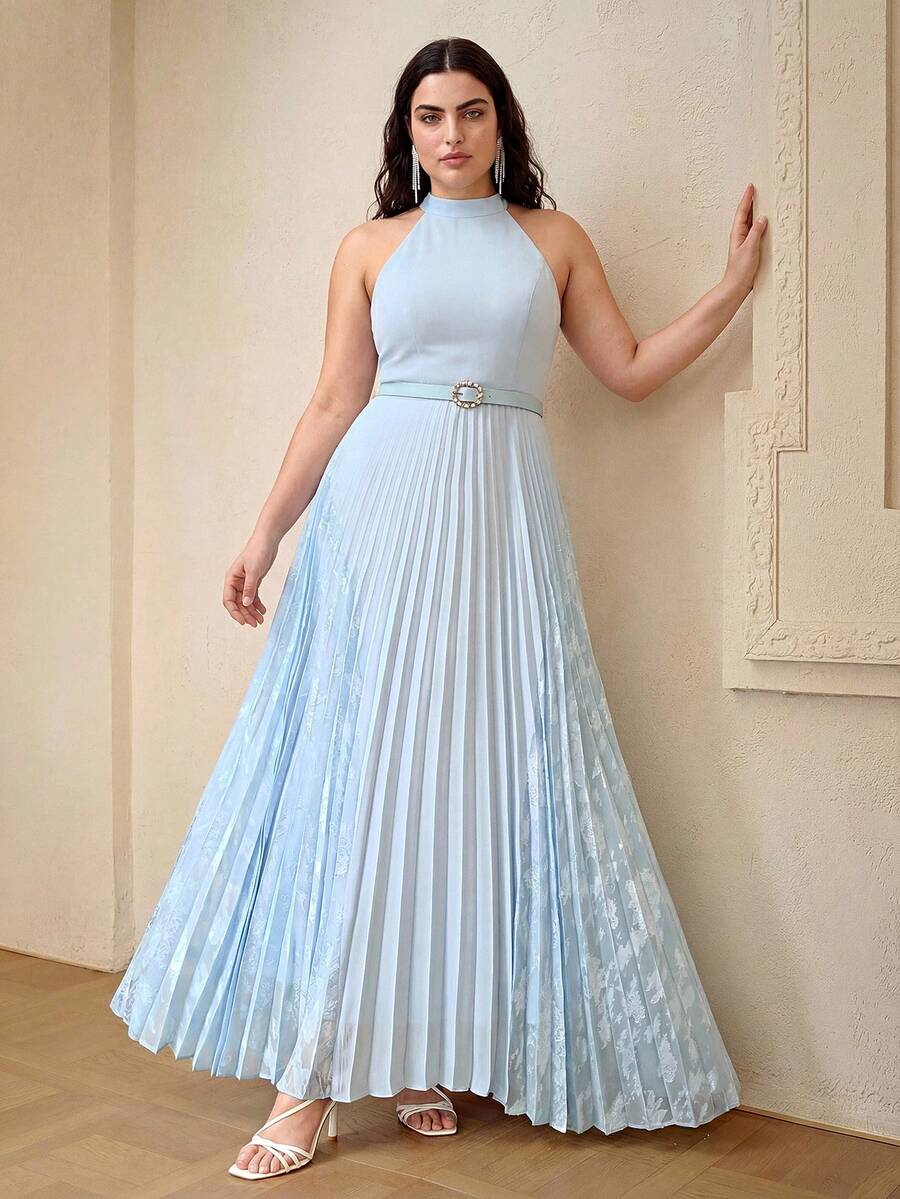 ZEYLAH Vestido elegante plisado y ajustado, primavera/verano - Azul - Ver 1