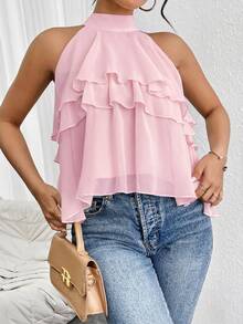 Firerie Loose Neck Ruffle Asymmetrical Chiffon Blouse,Summer Top - Baby Pink - View 3