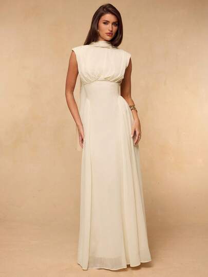 SHEIN BAE Apricot Chiffon Sleeveless Ruched Fitted Dress, Elegant Bodycon Dress, Flowing Dress, Spring/Summer