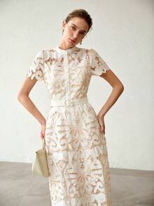 MOTF PREMIUM ELEGANT & FASHIONABLE WOMEN'S BELTED HOLLOW OUT MID-LENGTH DRESS - Apricot - View 6