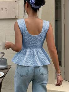 Serisse Women's Elegant Jacquard Sleeveless Shirt With Ruffle Hem, Suitable For Summer Vacation,Summer Top - Blue - View 2