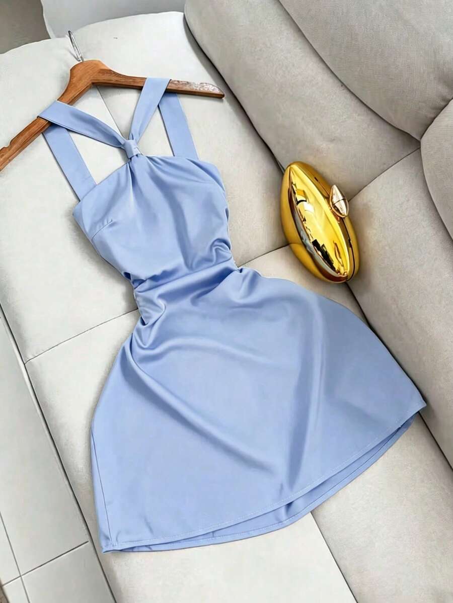 Franclia Women's Solid Color Halter Neck Elegant Design Dress - Blue - View 1