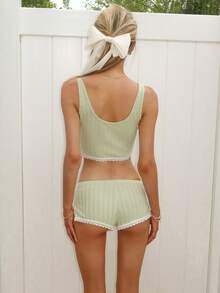 Sydney Algeri Lace Patchwork Bow Decor Cutout Bust Camisole & Super Low Waist High Slit Mini Shorts 2 Pieces Set - Mint Green - View 2