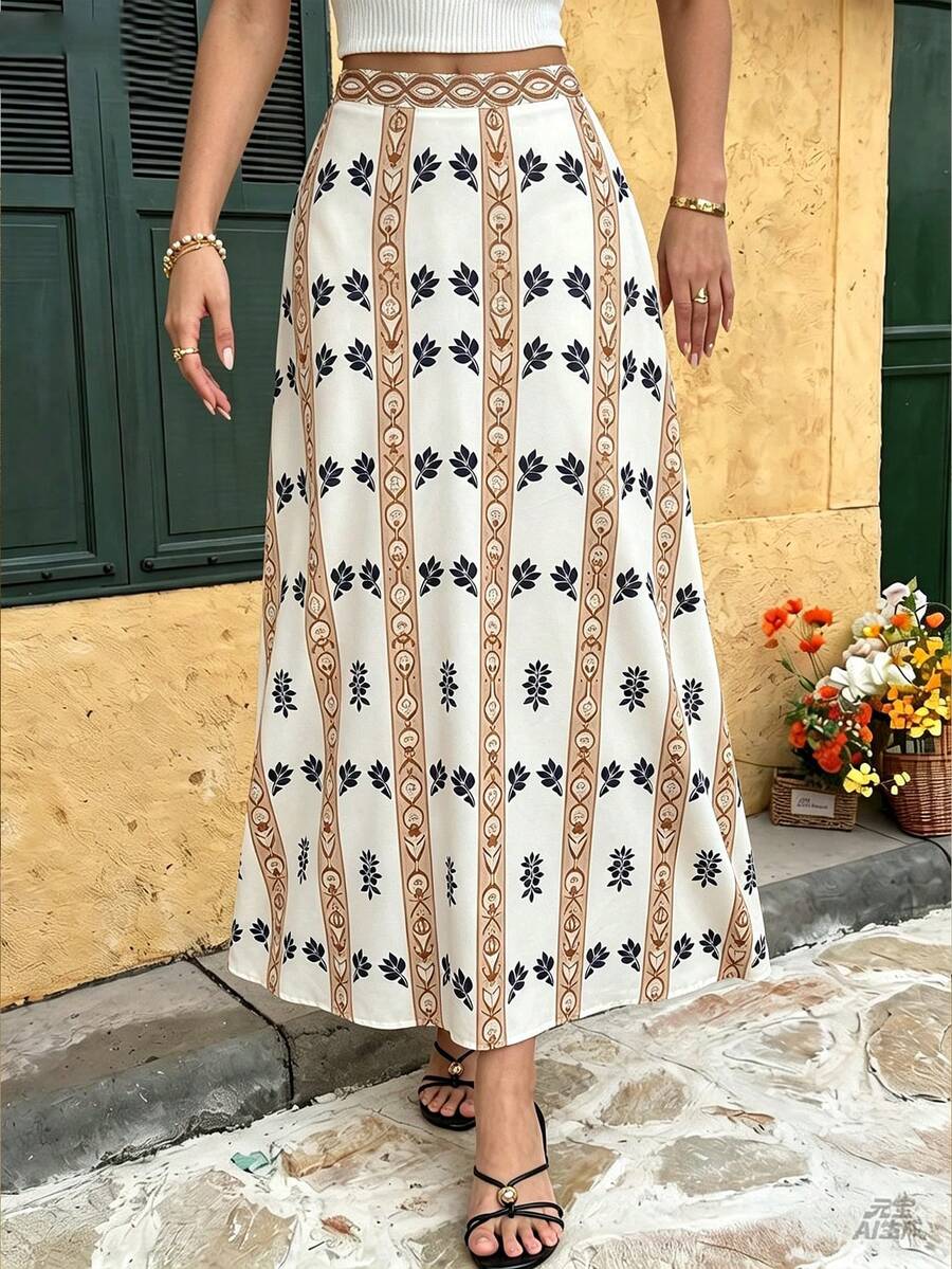 Chân váy chữ A xòe eo, in họa tiết phong cách Bohemian
