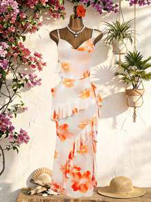 SaltGleam SaltGleam Women's Fashion Draped Neck Ruched Waist Bodycon Elegant Tropical Everyday Floral Mesh Ruffle Splice Maxi Dress For Wedding Beach Vacation, Holiday - Multicolor - View 4