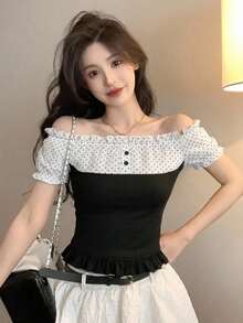 DAZY Women's Casual Contrast Color Bow Short Sleeve T-Shirt Cute Tops - Black and White - View 3