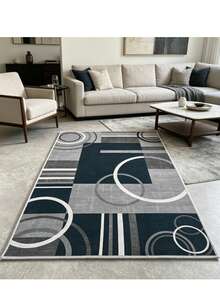 1PC Washable Carpet, Modern Geometric Pattern, Suitable For Living Room, Bedroom, Office, Striped & Circular Design, Contemporary Distressed Style, Low Pile, Neutral Soft, Patchwork Square Pattern, - multicolor - View 2