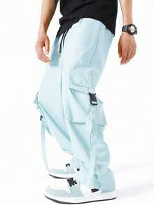 Manfinity Hypemode Pantalones cargo holgados para hombres con bolsillo con solapa y cordón ajustable en la cintura - Celeste - Ver 3