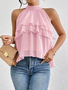 Firerie Loose Neck Ruffle Asymmetrical Chiffon Blouse,Summer Top - Baby Pink - View 7