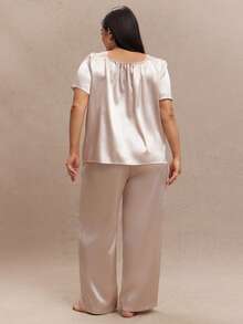 SHEIN BAE Plus Size Lace Patchwork Button Design Imitated Silk Top & Pants Pajama Set - Champagne - View 2