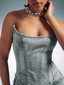 Denimoi Pointed Scoop Neck Denim Corset With Lace Up Back Sexy Tops Denim On Denim Fashionable Tops - Light Wash - View 3