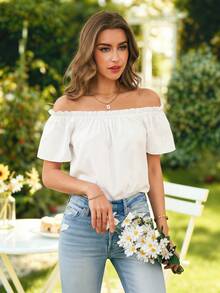 SHEIN VCAY Blus Wanita Warna Polos dengan Ruffle, Lengan Pendek, Model Off Shoulder, Modis, Warna Putih, untuk Liburan Musim Panas dan Kasual - Putih - View 11