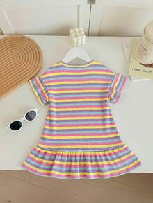 SHEIN Đầm ngắn tay dệt kim họa tiết trái tim kẻ sọc dễ thương cho bé gái, thích hợp cho mùa xuân/hè. - Nhiều màu - Xem 2