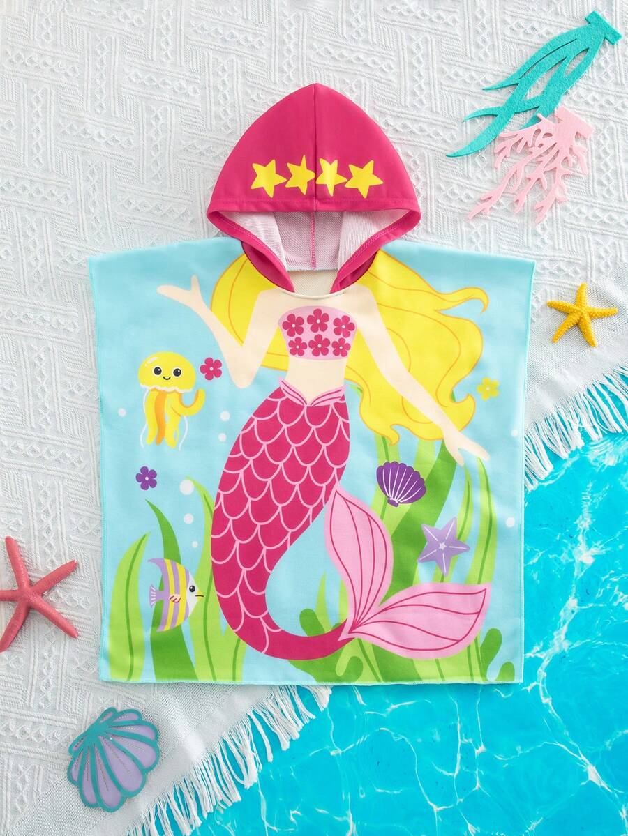 SHEIN 女婴美人鱼印花连帽罩衫泳衣 - 藍色 - 查看 1