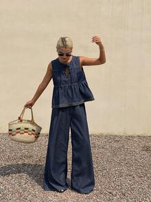 DAZY Bộ jumpsuit denim dài ống đứng không tay kiểu dáng thường ngày dành cho nữ, thích hợp cho kỳ nghỉ xuân hè. - Rửa tối - Xem 3