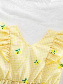 SHEIN Vintaside Kids 2025夏季新款少女洋裝，黃色與白色格紋檸檬印花，荷葉邊飾，V領，收腰，露背，A字版型，田園風 - 黃色 - 查看 3