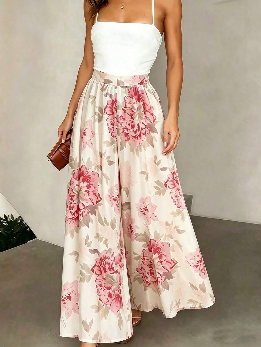 Franclia Quần ống rộng in hoa dành cho nữ, thích hợp cho mùa xuân và mùa hè, phong cách thường ngày thanh lịch, tươi mới, phù hợp mặc đi làm, họp hành, đa năng, đi biển. - Hồng - Xem 1