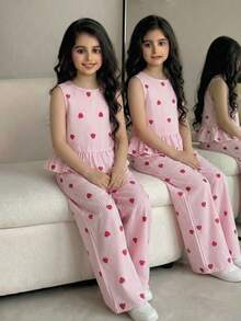 Conjunto informal de vacaciones de primavera/verano para niña preadolescente con top sin mangas con estampado de fresas dulces a rayas rosa y blanco, y pantalones rectos - Rosa - Ver 6