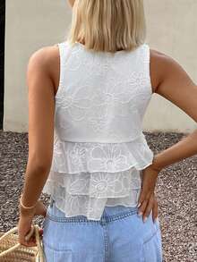 Livesso Camiseta de mujer con estampado floral, textura y volante en el bajo - Beis - Ver 2