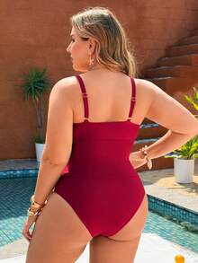 SHEIN Swim Lushore Plus Size Women Solid Color Ring Decor Camisole And Triangle Tankini Set - Red - View 2