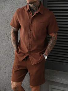 SLATEMANN Ensemble chemise à manches courtes et shorts de couleur unie décontracté pour hommes, convient pour les déplacements quotidiens en été - Tabac - Voir 4