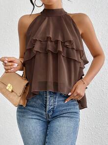 Firerie Áo hai dây xếp tầng nhiều lớp bằng chiffon màu trơn dành cho nữ, thích hợp cho kỳ nghỉ hè ở bãi biển. - Cà phê nâu - Xem 7
