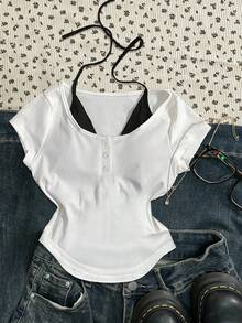 INAWLY Summer Casual Contrast Color Sleeveless Top - Black and White - View 2