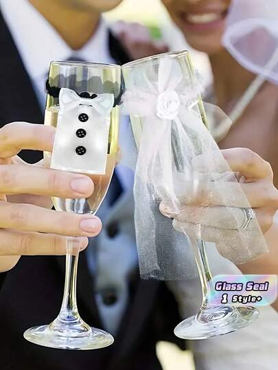 SHEIN 2PCS/Set DIY Bride & Groom Wine Glass Covers Set | Champagne Glass Lids With Leak-Proof Seal | Wedding Party Decorations, Anniversary Gifts & Christmas Home Decor