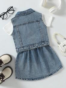 SHEIN 2pcs Girls' Light Blue Denim Ripped Vest & Pleated Skirt Set,Back-To-School Y2K Style Cotton Distressed Cropped Fit,Music Festivals Parties Vacation - Light Wash - View 3