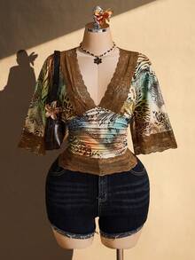 SHEIN ICON 大码 Y2K 复古性感豹纹 V 领蕾丝拼接喇叭袖上衣 - 彩色 - 查看 4