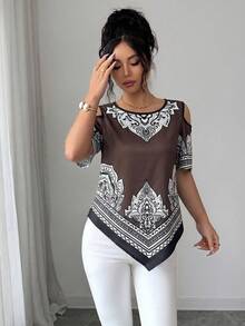 SHEIN Elenzya 优雅度假通勤黑白不对称下摆女士短袖衬衫 - 棕色 - 查看 5