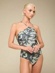 COUREZ Off Shoulder Asymmetric Swimsuit Camo Y2K Active Athleisure Sporty Sexy Summer Outfits Women Vacation Beach Party Pool Bikini Set Light Grey - Army Green - View 2