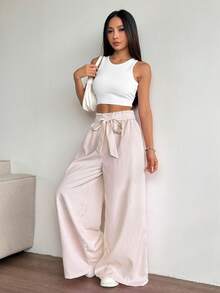 SHEIN PariChic 女士荷叶边腰带条纹阔腿裤 - 彩色 - 查看 6
