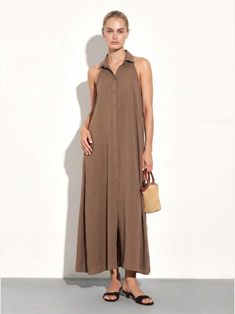 KSTM Halter Neck Button Front Long Dress With Open Back Design Summer Maxi Dress