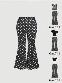 SHEIN MOD 大尺碼女款黑白波點高腰喇叭褲，開衩設計，優雅 2000 年代風格，適合秋季野餐、節慶鄉村風 - 黑與白 - 查看 1