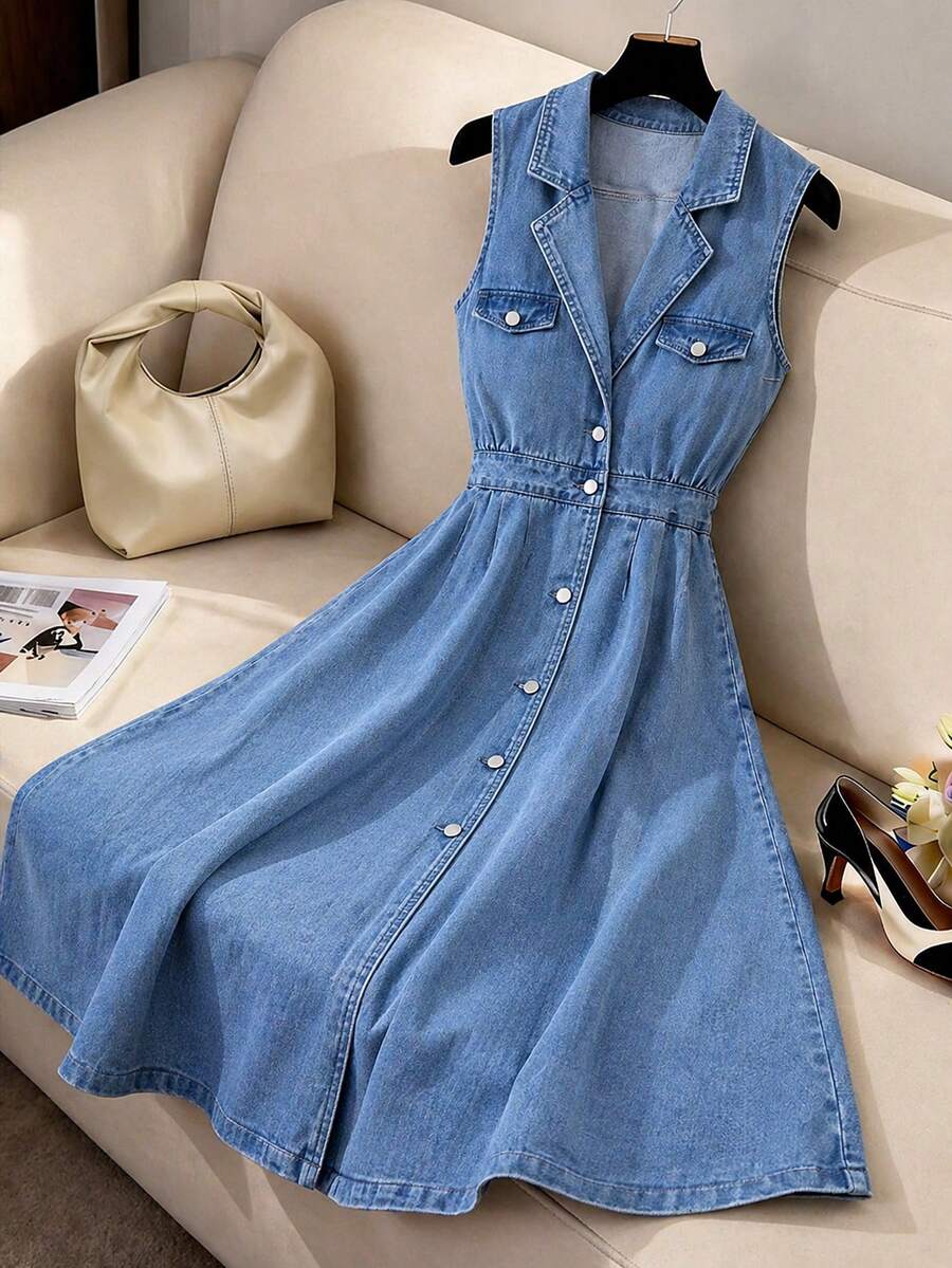 GlowEve Đầm denim không tay cổ ve lật dành cho nữ - Rửa nhẹ - Xem 1