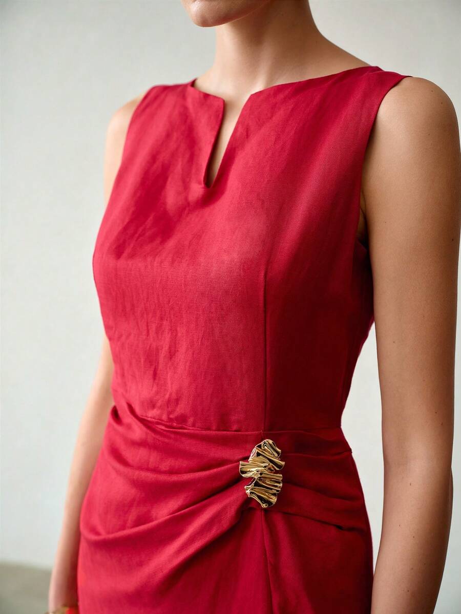 MOTF PREMIUM LINEN MINIMALIST ELEGANT V-NECK CINCHED WAIST MIDI DRESS, SPRING/SUMMER - Burgundy - View 1