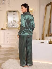 LuxeNights 条纹仿丝长袖长裤女士睡衣套装 - 墨綠色 - 查看 2