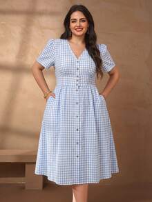 Chikora Đầm công sở cổ chữ V thanh lịch bằng vải lanh-cotton dành cho nữ cỡ lớn - Đen và trắng - Xem 6