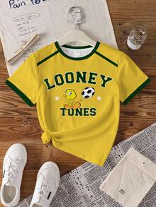 LOONEY TUNES X SHEIN 少女字母卡通印花休闲圆领短袖T恤 - 白色 - 查看 1