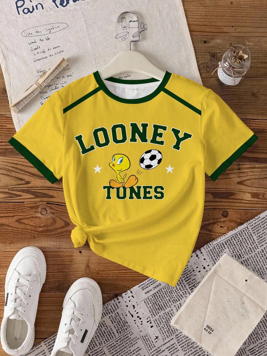LOONEY TUNES X SHEIN 少女字母卡通印花休闲圆领短袖T恤 - 白色 - 查看 1