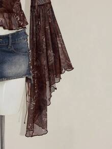 SHEIN ICON Vintage Print Sheer V-Neck Flare Sleeve Top For Women - Brown - View 3