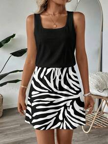 SHEIN LUNE Đầm ngắn in họa tiết kiểu dáng thường ngày dành cho nữ, thích hợp cho mùa xuân và mùa hè. - Nhiều màu - Xem 2