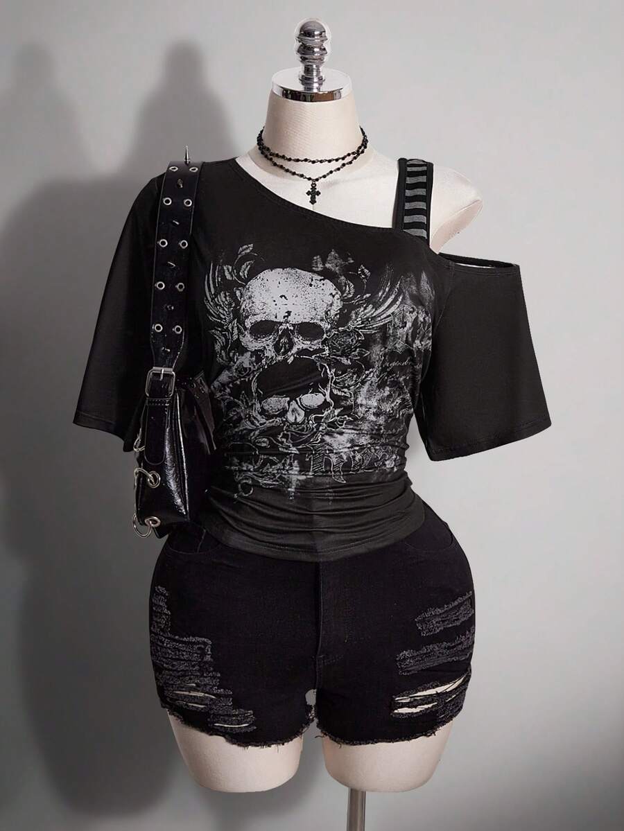 SHEIN ICON Plus Size Asymmetric Neckline Ruched Skull Print Short Sleeve T-Shirt - Multicolor - View 1