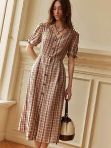 Écloséra Women's Brown Plaid Summer Vintage Frenchy Tea Party Vacation French-Style Casual Dress,Short-Sleeve Embroidered Button-Down Shirt Dress For Office - Apricot - View 6