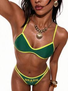 Swim Vcay Bộ bikini nữ thanh lịch, hở lưng, buộc dây phía sau, in kỹ thuật số cờ Brazil, thích hợp cho bãi biển, khu nghỉ dưỡng, mùa xuân/hè/thu. - màu xanh lá - Xem 2