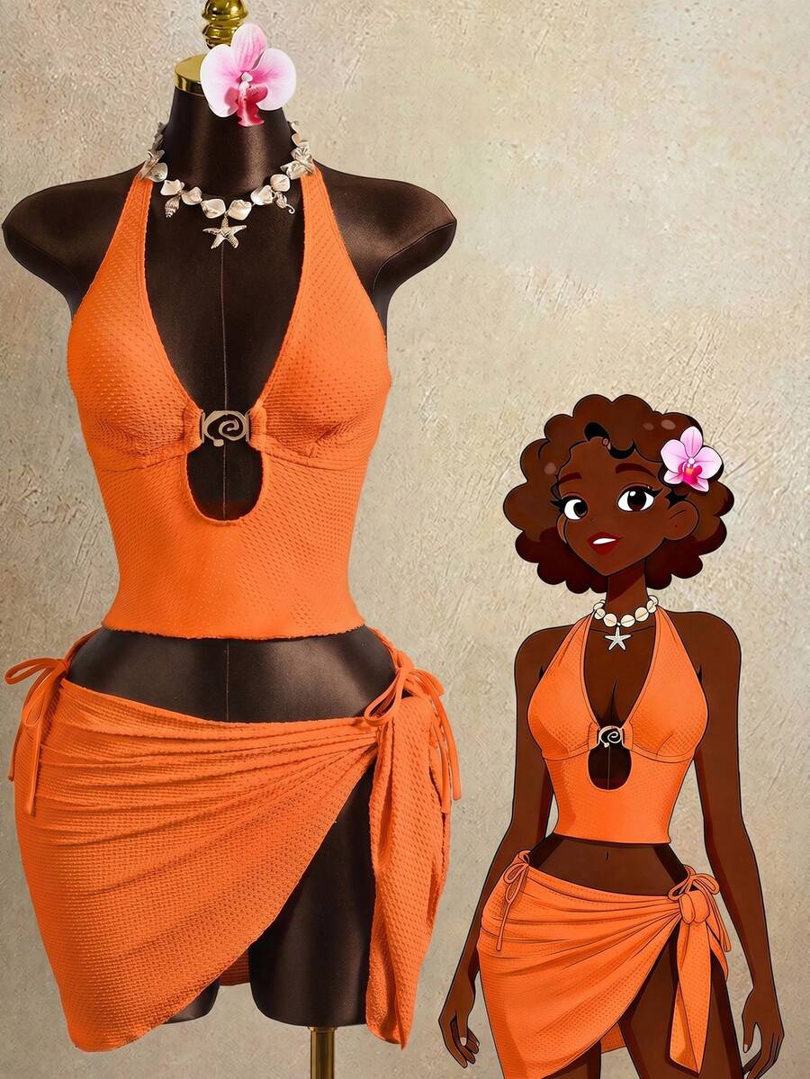 Bộ bikini 3 mảnh dành cho nữ, dây mảnh, trang trí kim loại, áo hai dây hở lưng, thích hợp cho kỳ nghỉ biển. - trái cam - Xem 1