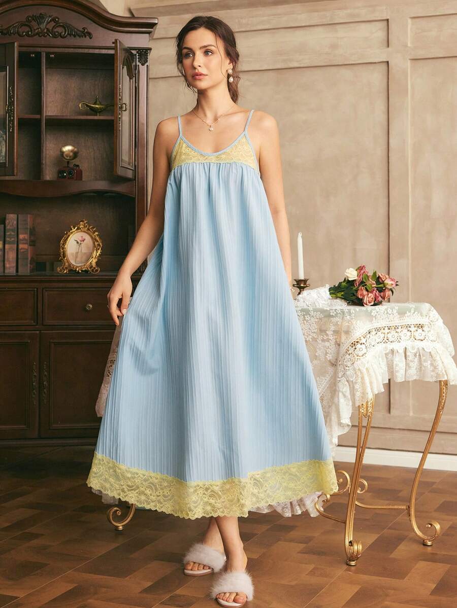 Côtesoire 女士法式浪漫优雅撞色蕾丝拼接舒适宽松睡裙 - 藍色 - 查看 1