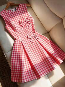 SHEIN Franclia Đầm thắt nơ kẻ caro đỏ trắng ngọt ngào và thanh lịch dành cho phụ nữ - Nhiều màu - Xem 1