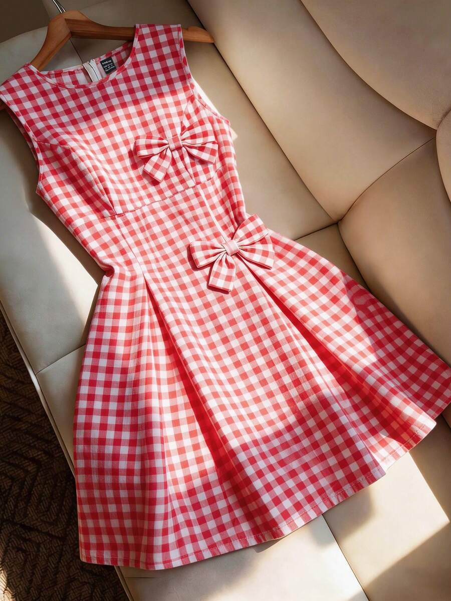 SHEIN Franclia Đầm thắt nơ kẻ caro đỏ trắng ngọt ngào và thanh lịch dành cho phụ nữ - Nhiều màu - Xem 1